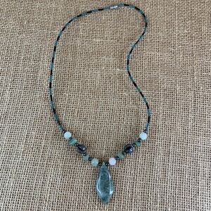 VTG Green Jadeite Pendant Necklace Marquise Hematite Beaded Turquoise Beads 24"